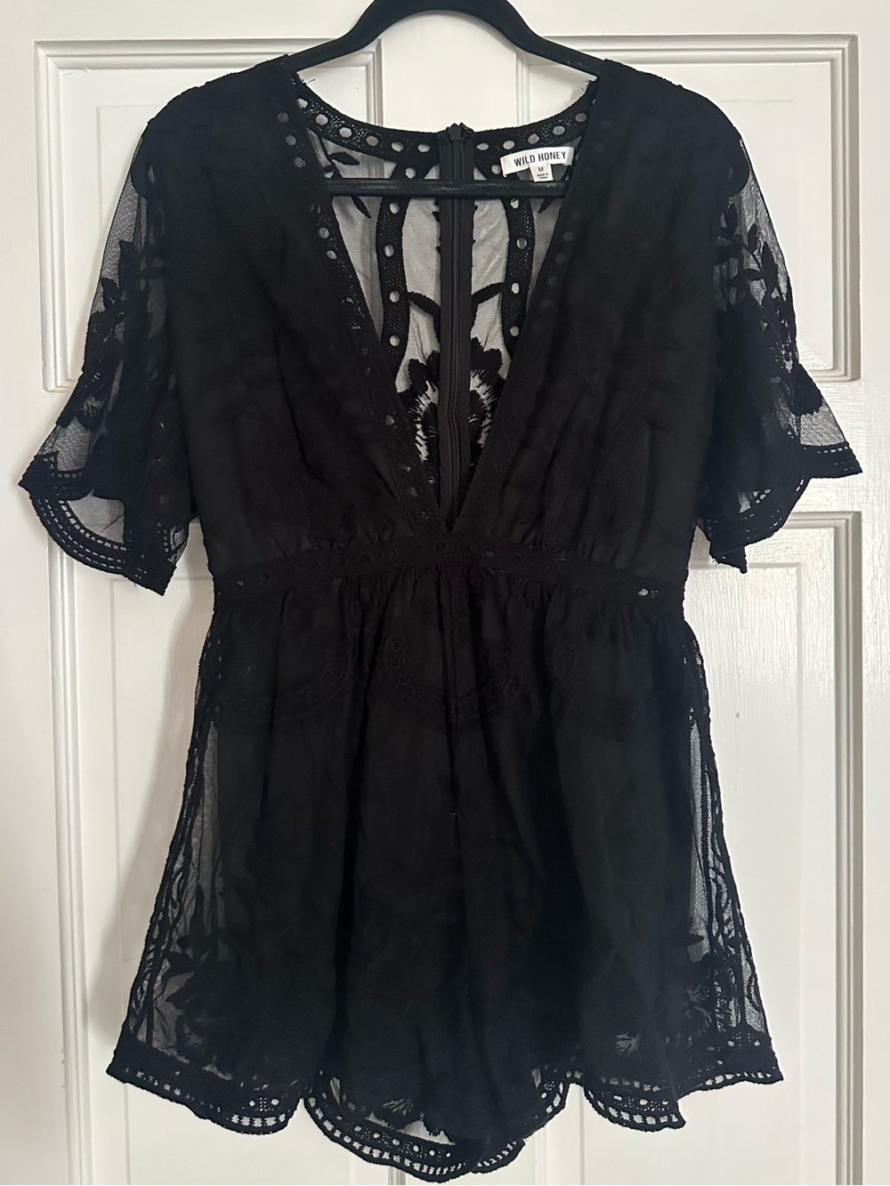 Wild Honey Black Lace Plunge V-Neck Short Sleeve Top
